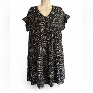 Everly Black Floral Babydoll Dress Small Boho Cottagecore Flowy Mini Ruffle